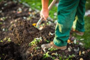Gartenarbeit - Mann gräbt den Gartenboden mit einem Spaten um (flache Schärfentiefe; selektiver Fokus)