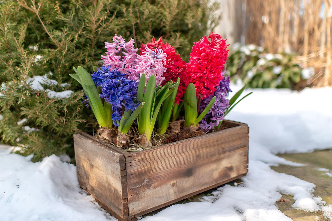 Winterharte Pflanzen für die Sonne wie Hyazinthen in rosa, lila und blau bluehen im Holzkasten trotz Schnee und Frost